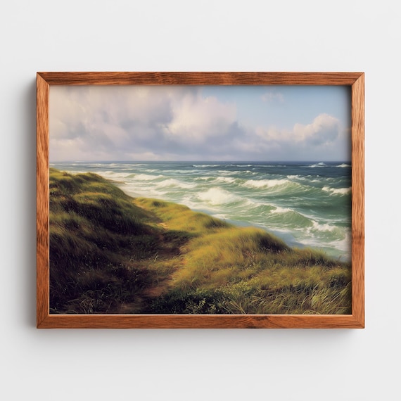 Grassy Dune Slope Leading To Crashing Ocean Waves Coastal Scene Print