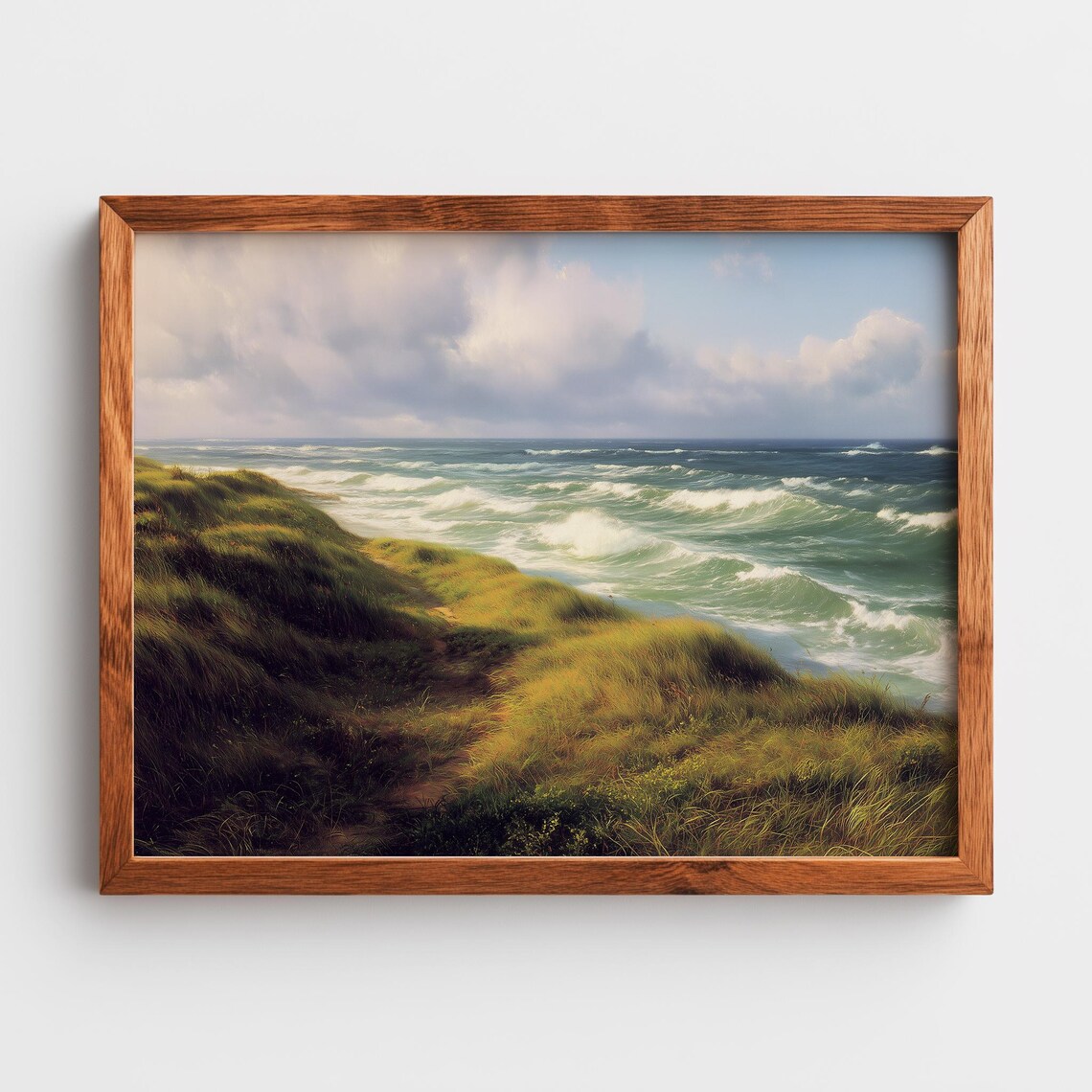 Grassy Dune Slope Leading To Crashing Ocean Waves Coastal Scene Print