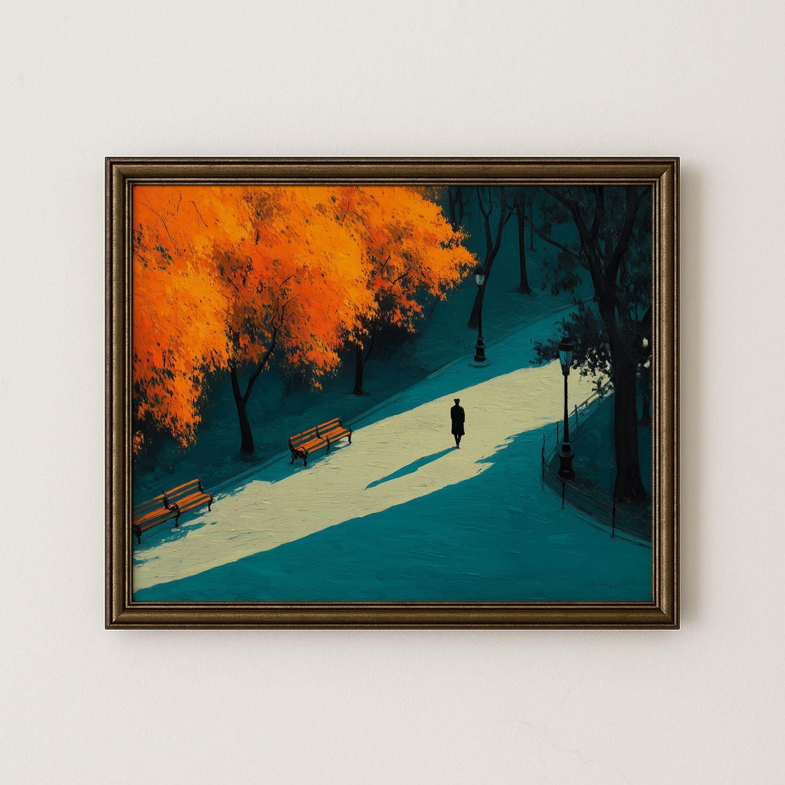 Autumn Park Vintage Landscape Print Orange Trees Solitary Figure 69