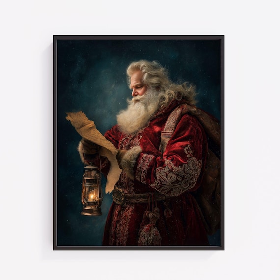 Vintage Santa Claus Portrait With Scroll And Lantern Christmas Poster