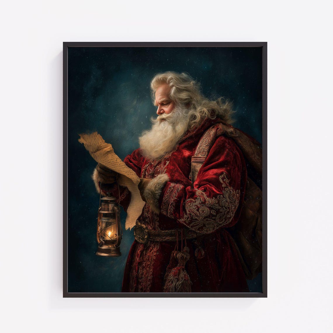 Vintage Santa Claus Portrait With Scroll And Lantern Christmas Poster