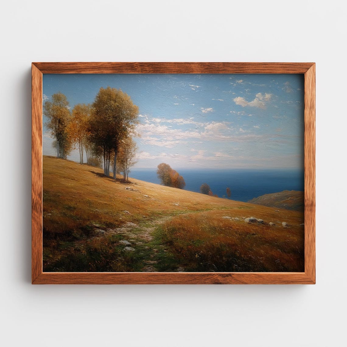 Autumn Hillside By Blue Water Rustic Fall Landscape Beech Trees Earthy Scene Moody Neutral Decorative Wall Art 419