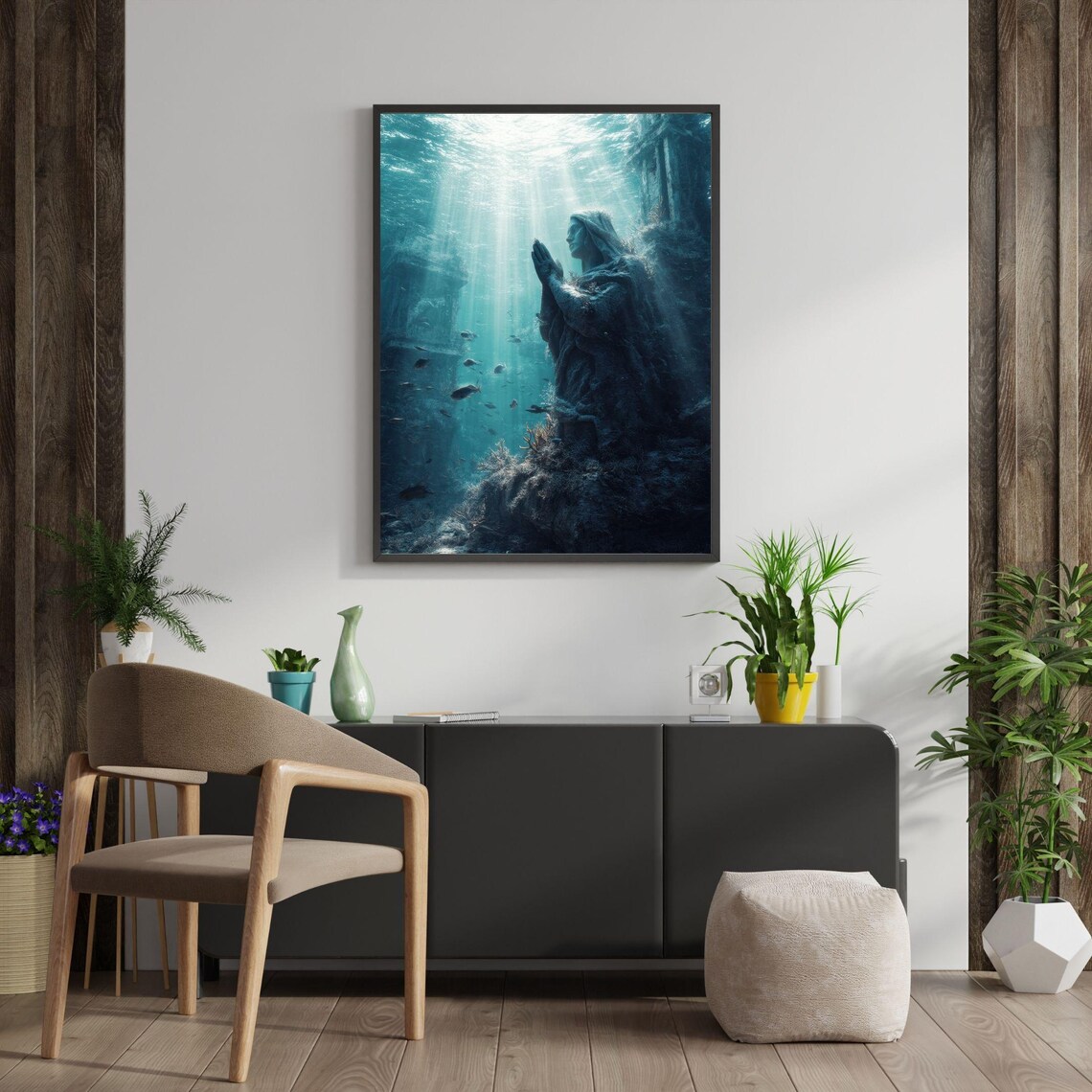 Sunken Statue Underwater Ruins Ethereal Ocean Scene Wall Art