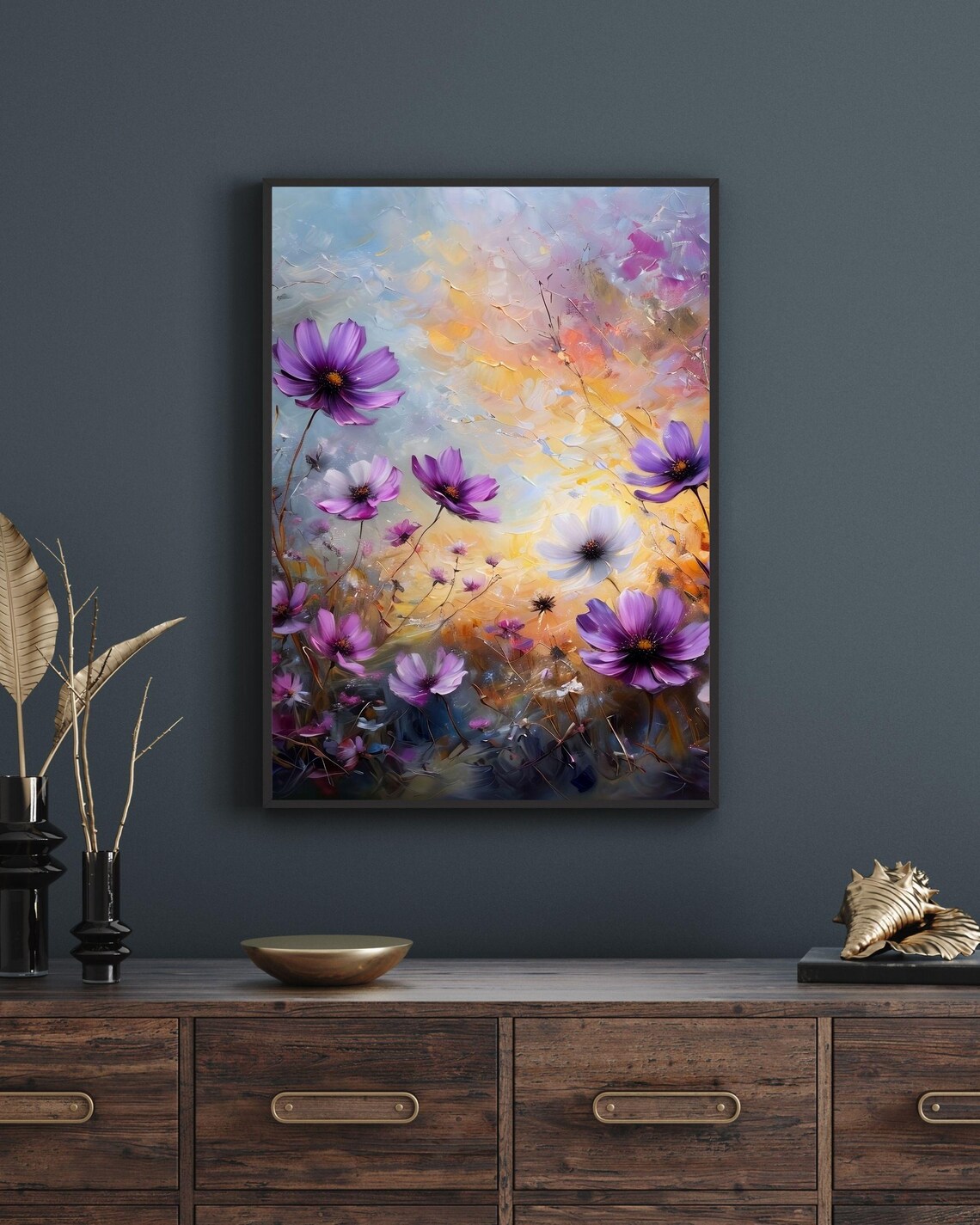 Purple Cosmos Flowers Sunset Impressionist Floral Painting Art Print