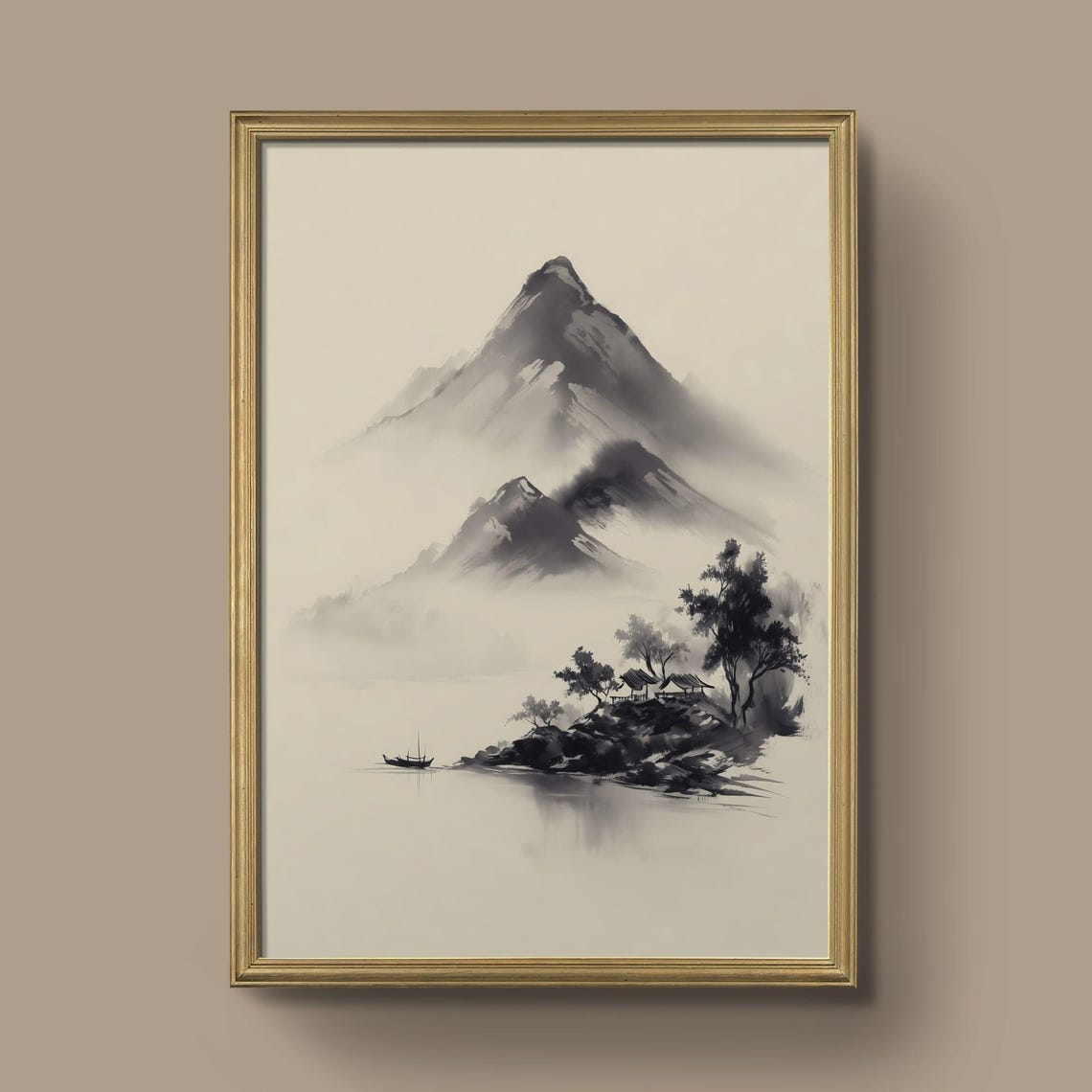 Misty Mountain Ink Wash Landscape Asian Minimalist Poster Art
