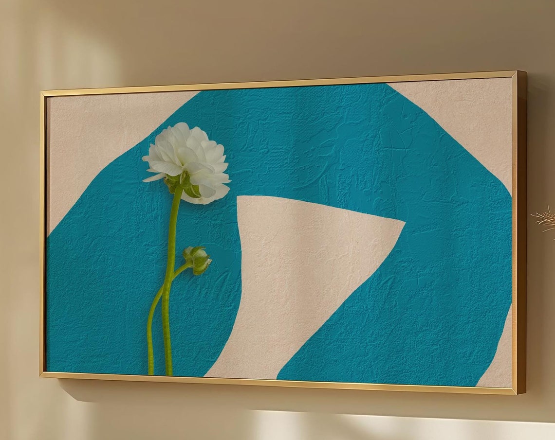 White Ranunculus Flower Teal Abstract Minimalist Botanical Poster - Image 4