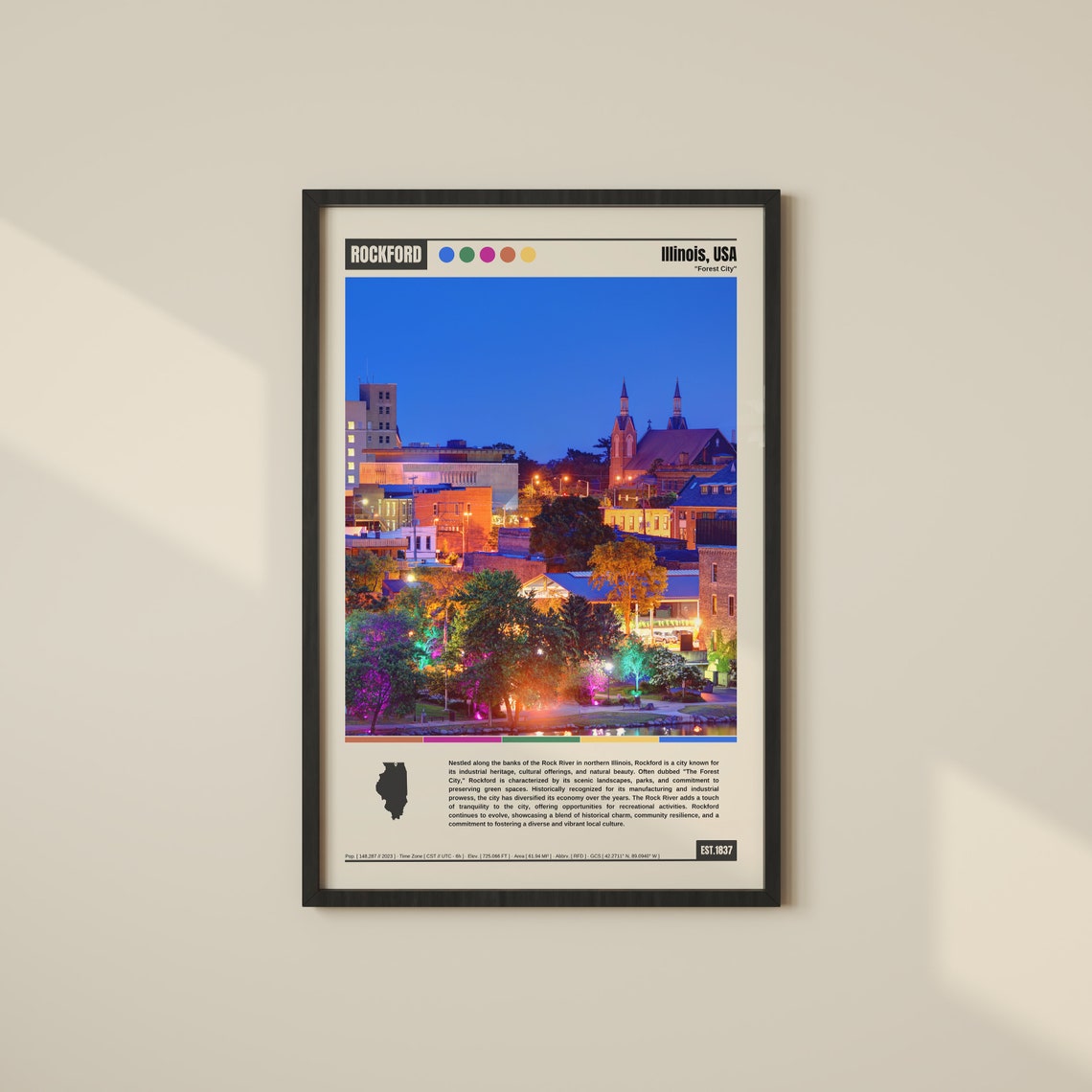 Rockford Illinois Forest City Downtown Night Lights View Poster