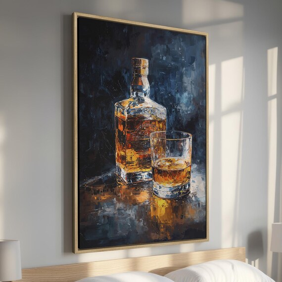 Whiskey Bottle and Glass Still Life Oil Painting Style Poster