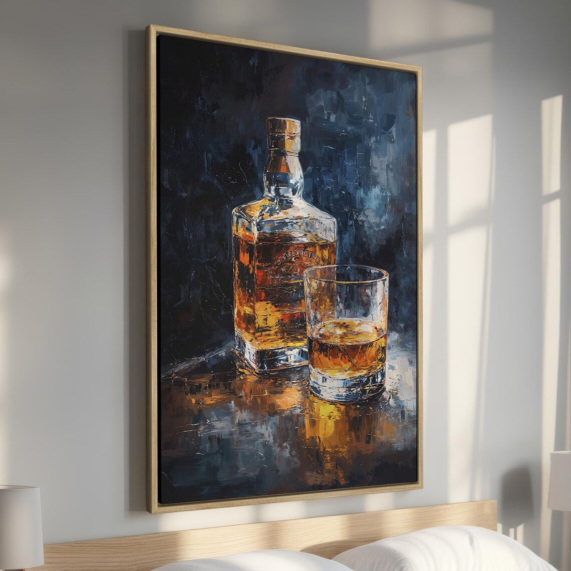 Whiskey Bottle and Glass Still Life Oil Painting Style Poster
