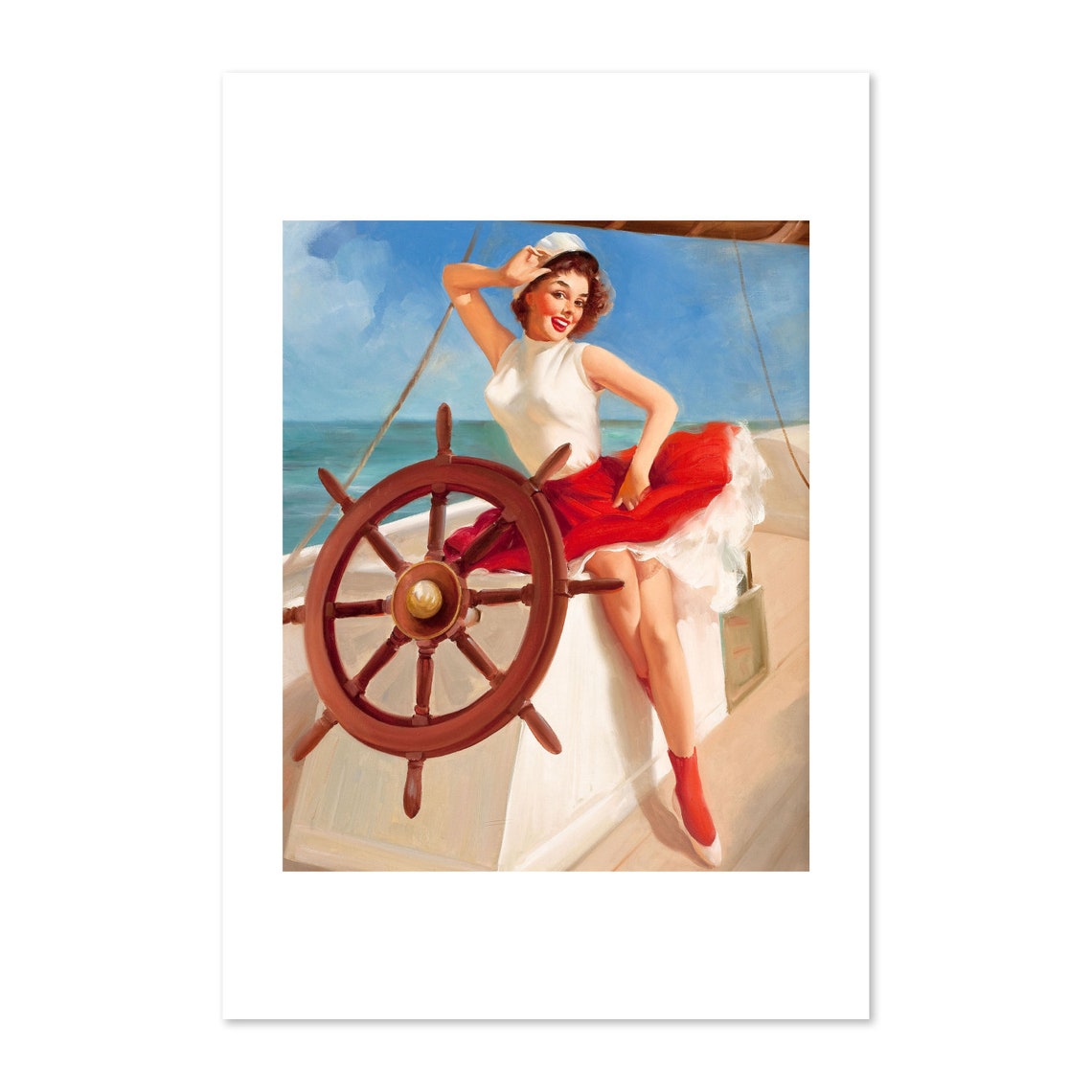 Elvgren Sailor Girl Ships Wheel Pin Up Sailing Vintage Art Poster