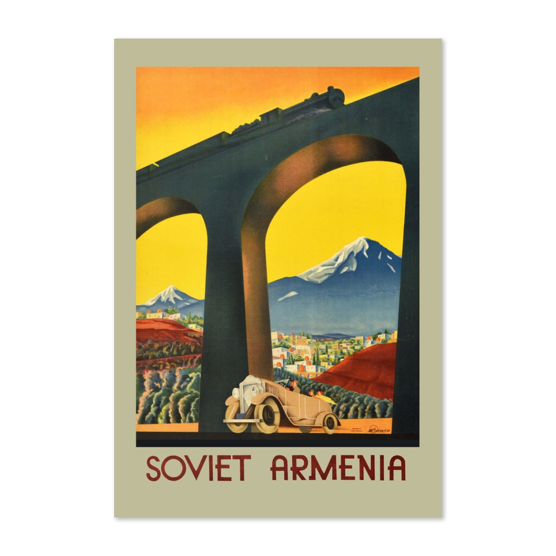 Soviet Armenia Vintage USSR Travel Poster Train Viaduct Mountain View