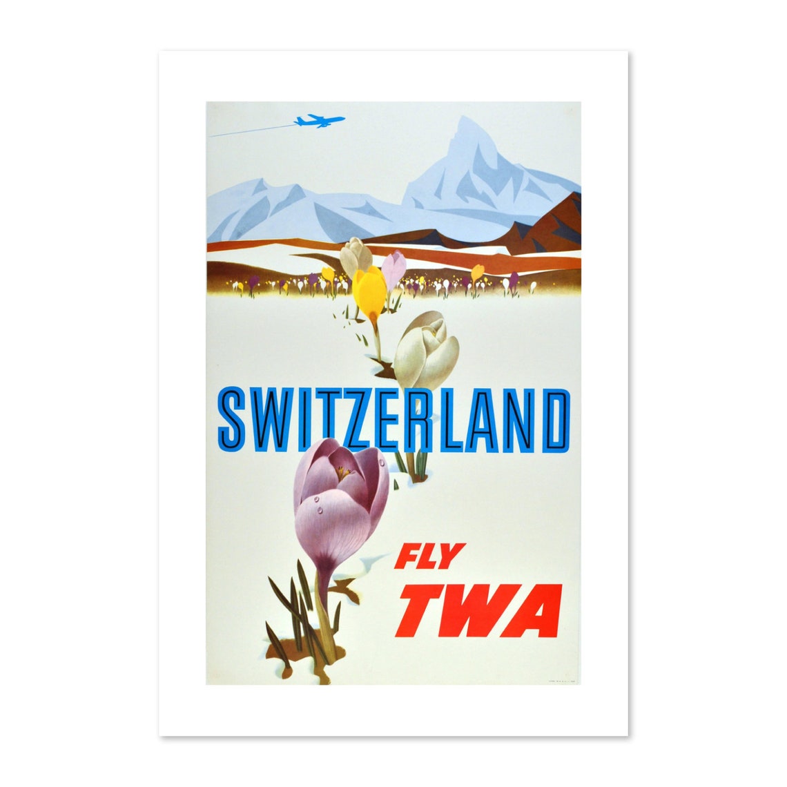Switzerland Fly TWA Alpine Crocus Flowers Vintage Airline Poster