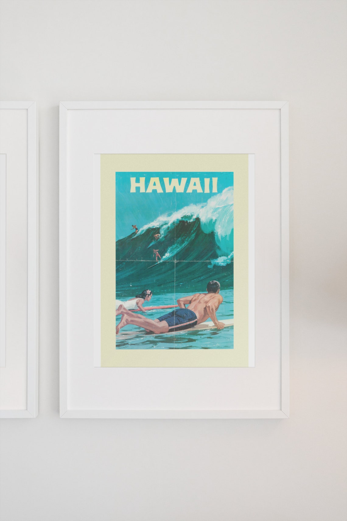 Hawaii Surfers Riding a Big Towering Wave Vintage Travel Poster - Image 3