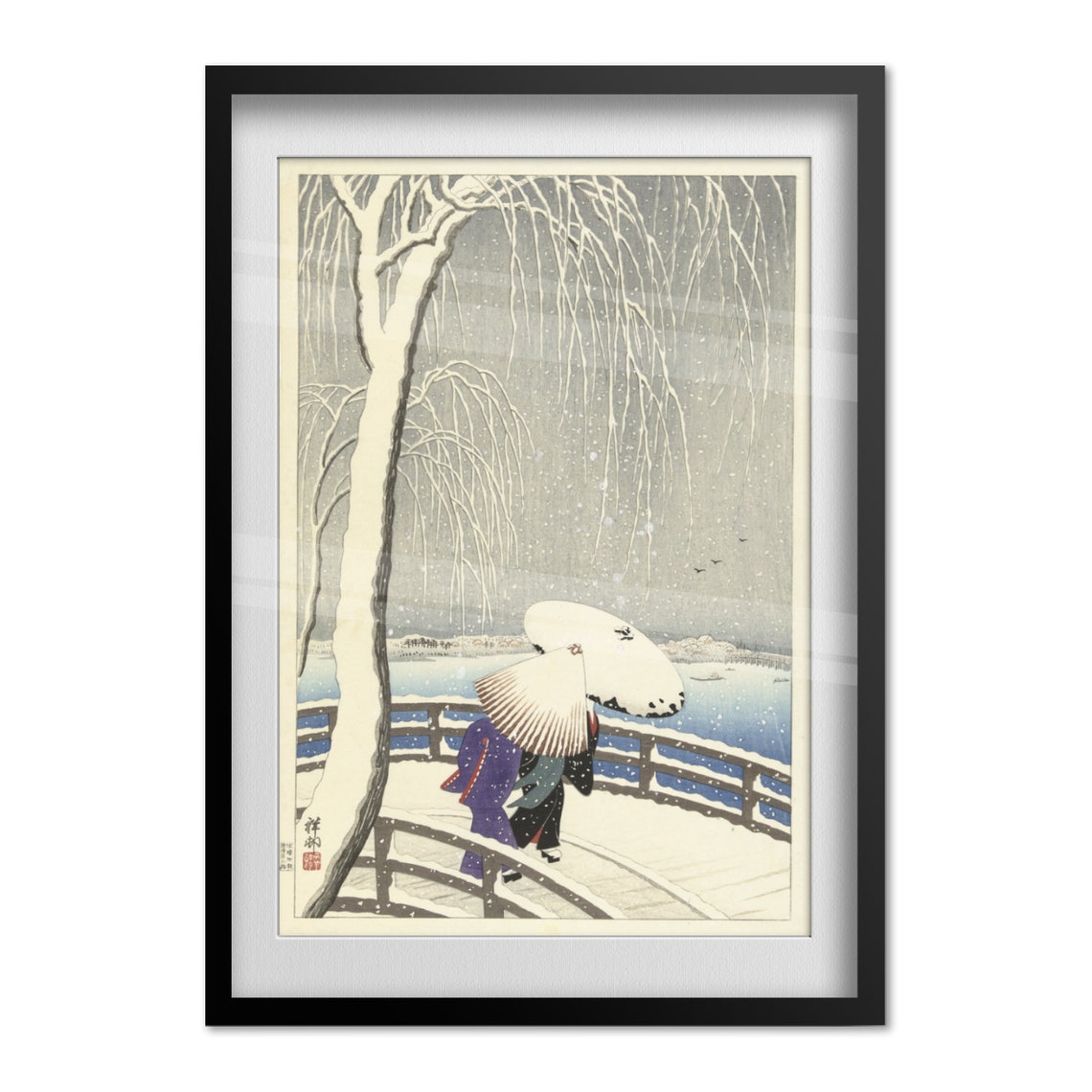 Snowy Willow Bridge Japanese Woodblock Winter Umbrella Figures Poster - Image 4