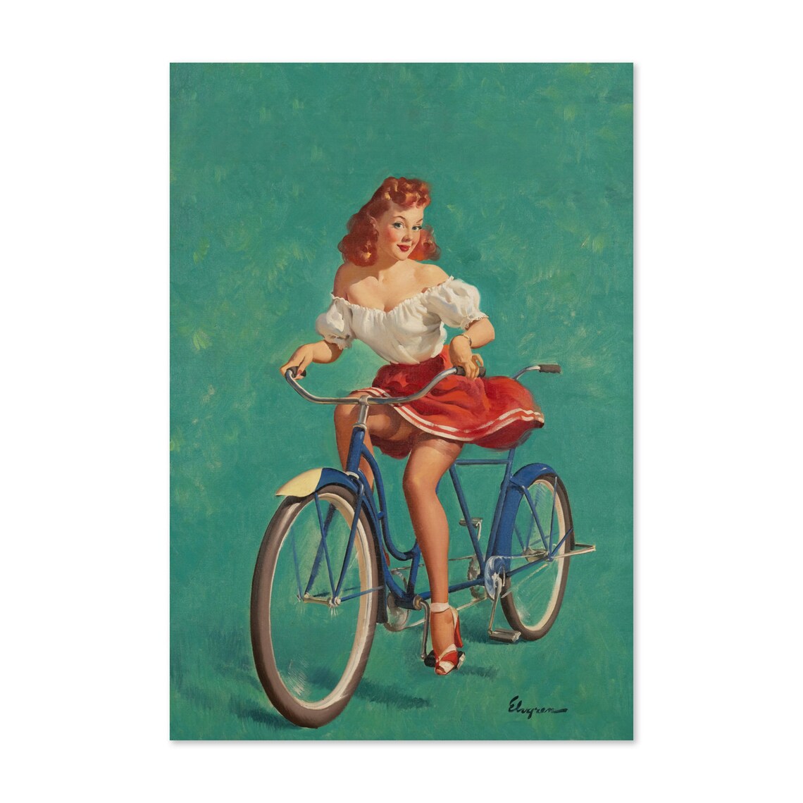 Elvgren Pin Up Girl Bicycle Built for Woo Red Skirt Vintage Poster