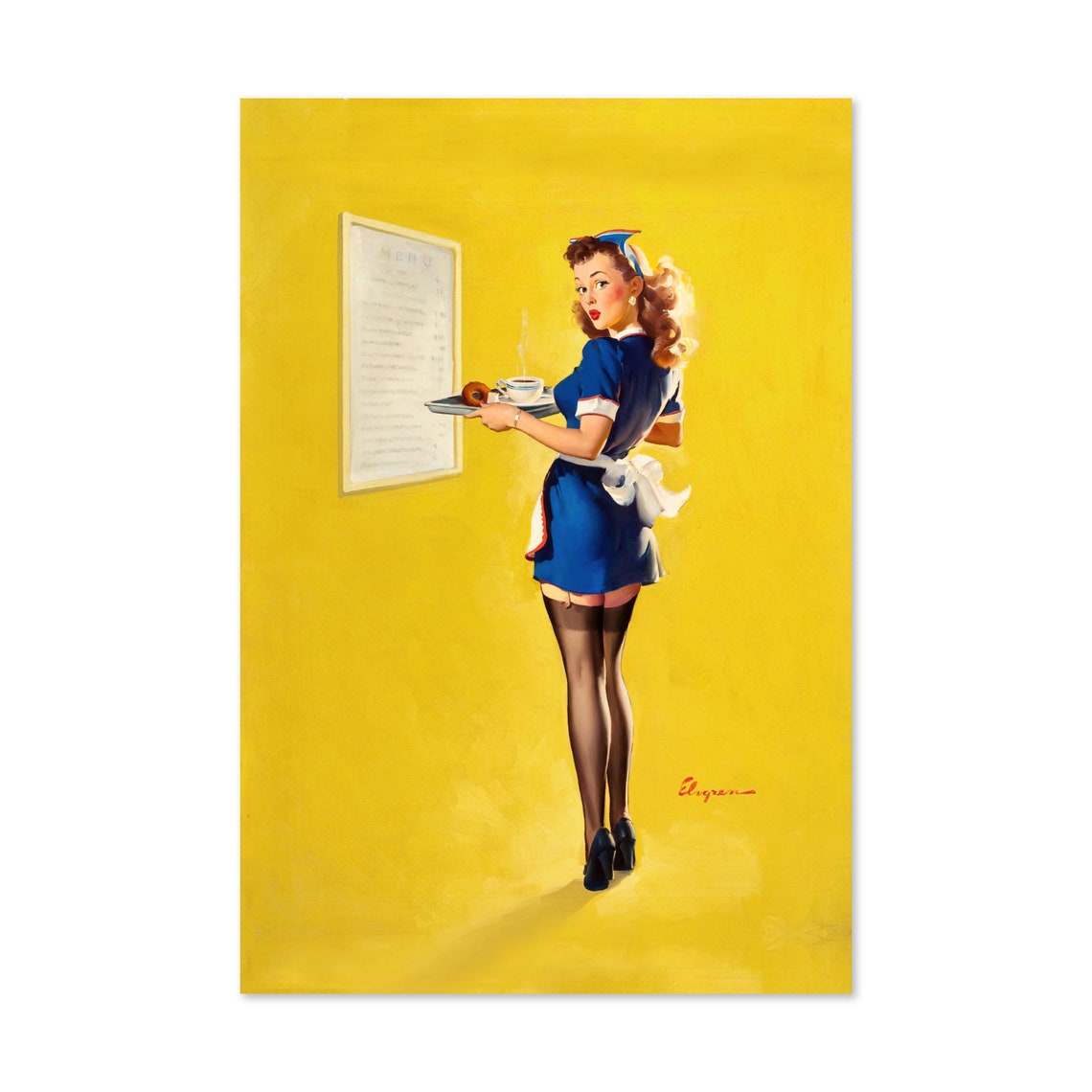 Gil Elvgren Awfully High Diner Waitress 1960s Pin Up Girl Poster