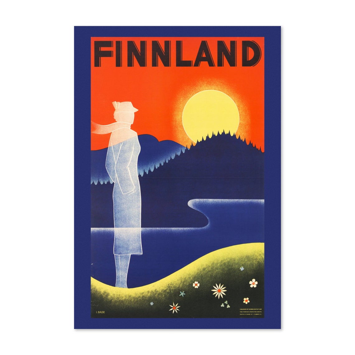 Finnland 1937 Midnight Sun Lake Finnish State Railways Travel Poster