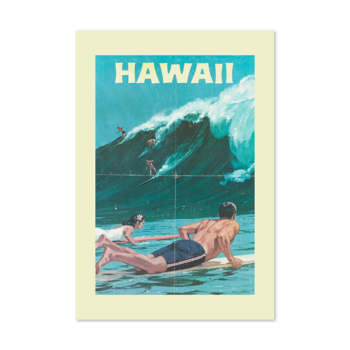 Hawaii Surfers Riding a Big Towering Wave Vintage Travel Poster