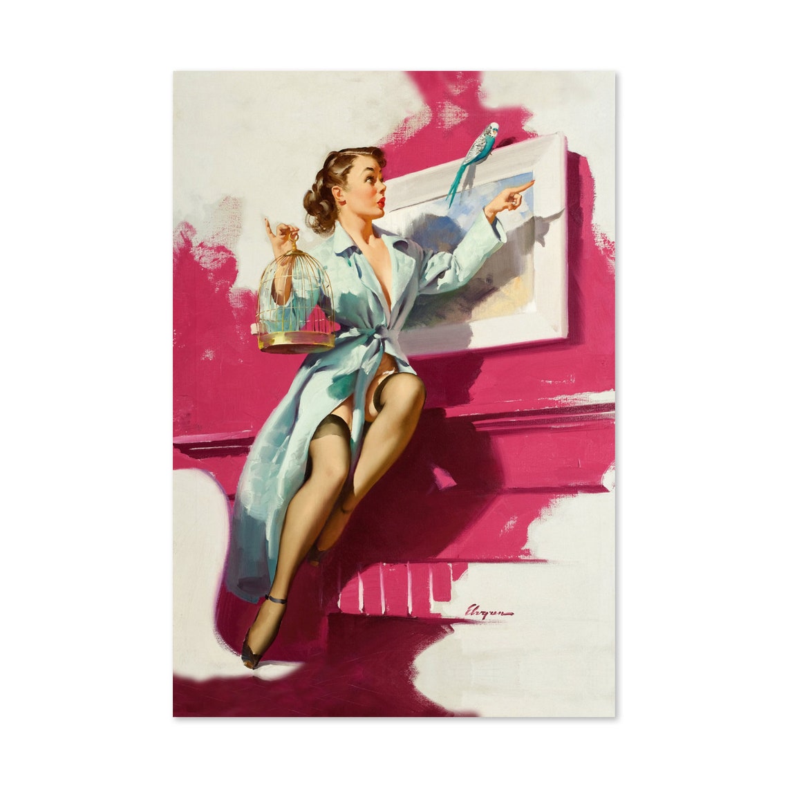Elvgren Pretty Cagey Pin Up Girl Birdcage Parakeet Vintage Art Poster
