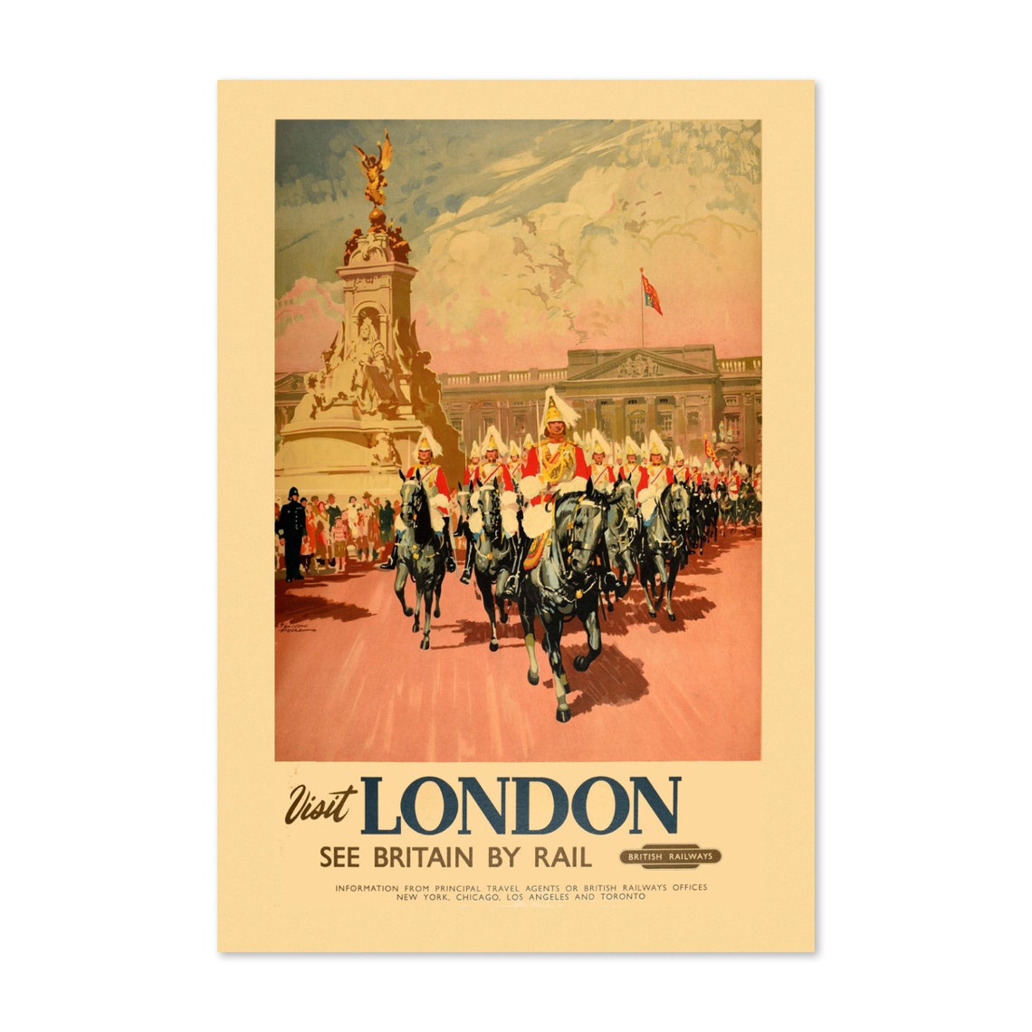 Visit London See Britain by Rail Royal Guards Vintage Travel Poster