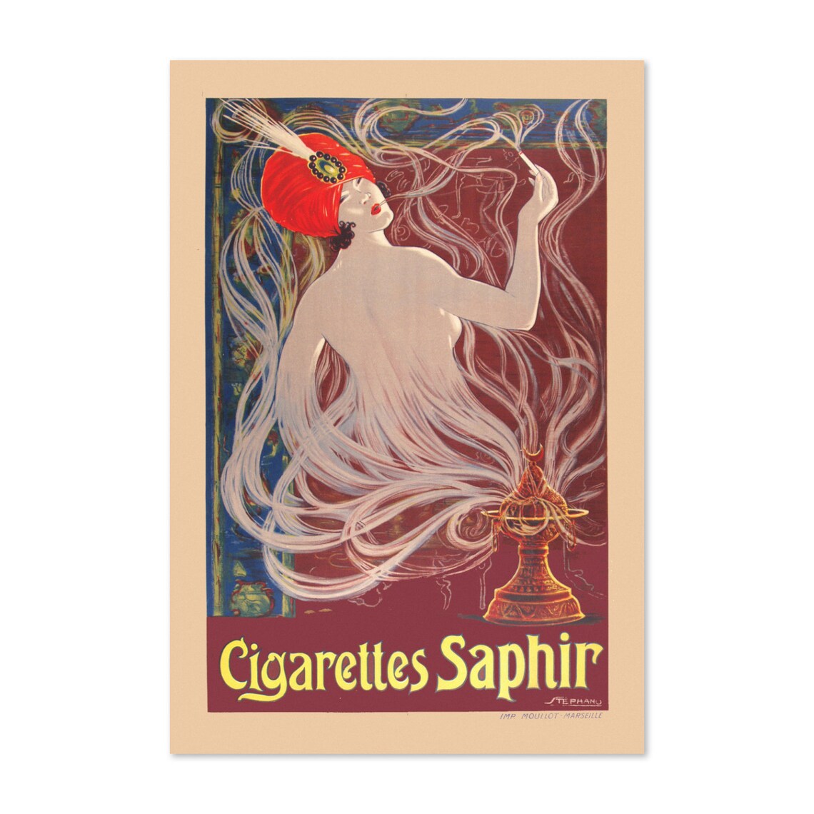 Cigarettes Saphir French Art Nouveau Smoke Woman Vintage Poster