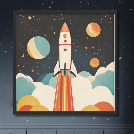 Rocket Ship Nursery Wall Art Retro Midcentury Space Print Kids Room Poster Genderneutral Decor Baby Shower Gift Boy