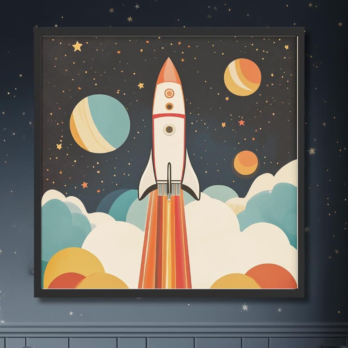 Rocket Ship Nursery Wall Art Retro Midcentury Space Print Kids Room Poster Genderneutral Decor Baby Shower Gift Boy