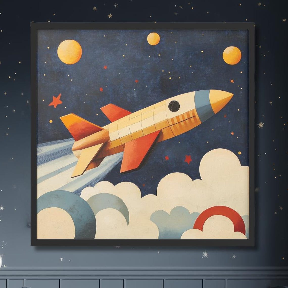 Rocket Ship Nursery Wall Art Retro Midcentury Space Print Kids Room Poster Genderneutral Decor Baby Shower Gift Boy