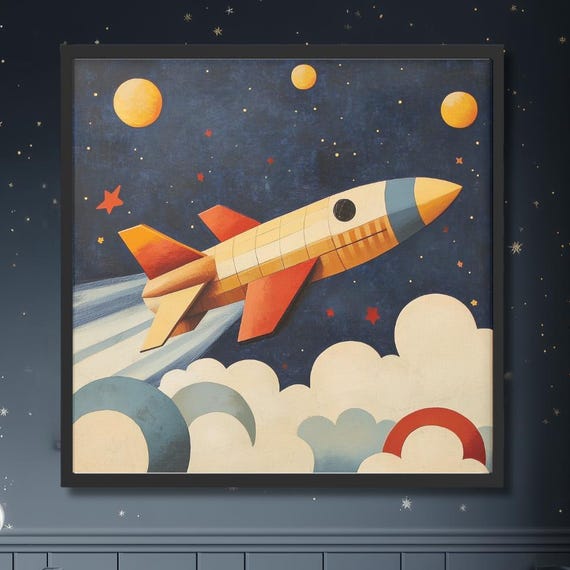 Rocket Ship Nursery Wall Art Retro Midcentury Space Print Kids Room Poster Genderneutral Decor Baby Shower Gift Boy