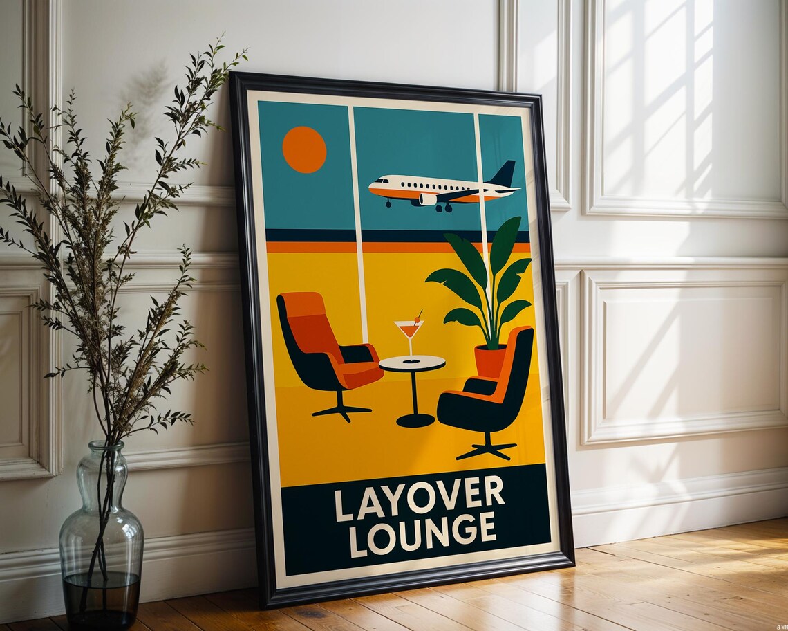 Retro Airport Lounge Poster, Mid-Century Aviation Art