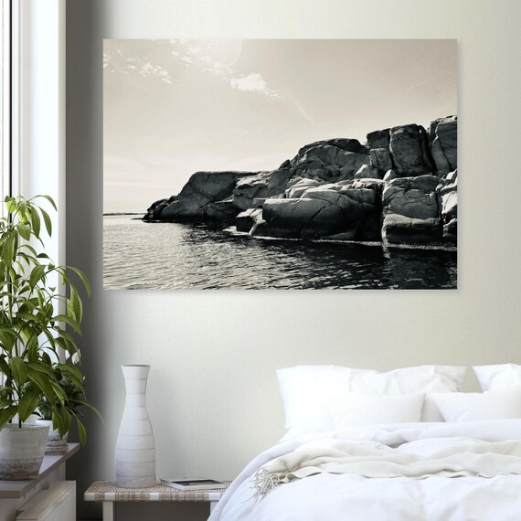 Black And White Rocky Cliff Coastline Calm Sea Photography Print