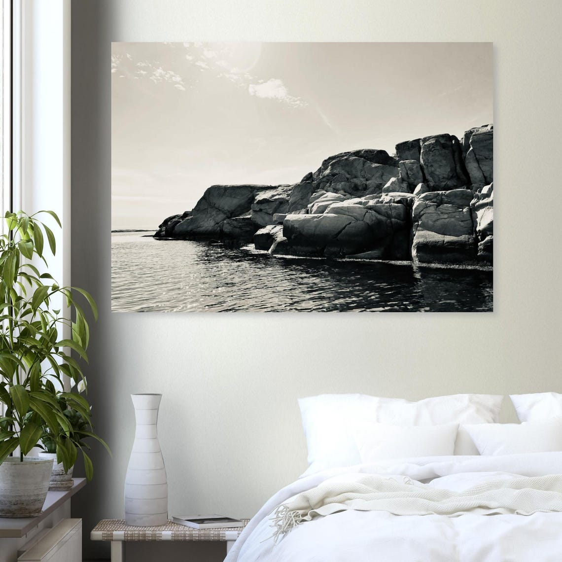 Black And White Rocky Cliff Coastline Calm Sea Photography Print