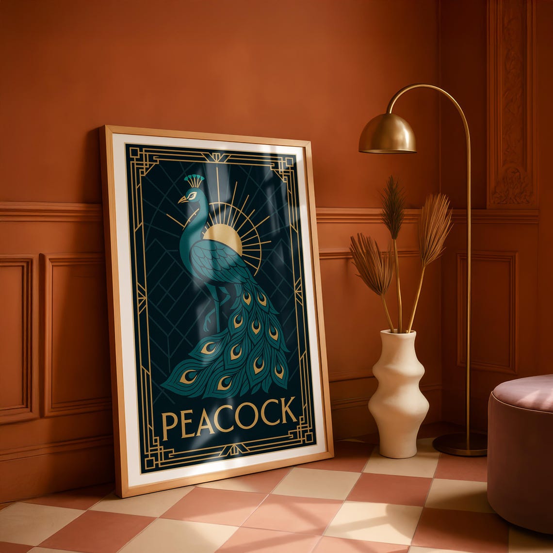 Art Deco Teal Peacock Sunburst Gold Border Elegant Bird Poster