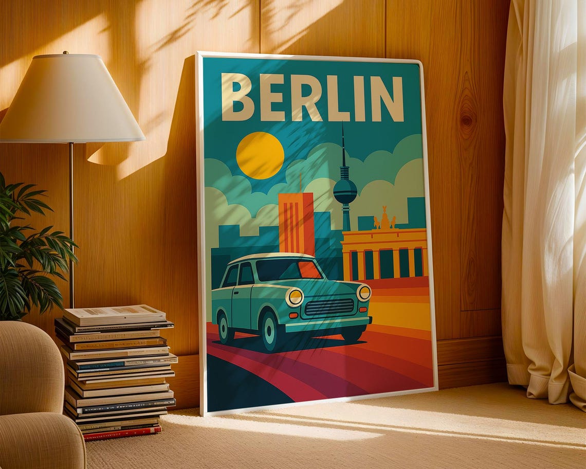 Retro Berlin Travel Poster Vintage Germany Trabant Car Cityscape Decor
