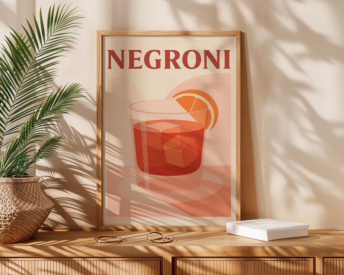 Negroni Cocktail Orange Slice Mid Century Modern Retro Bar Art Poster