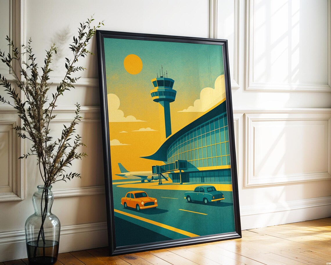 Retro Airport Terminal Sunset Control Tower Vintage Cars Poster