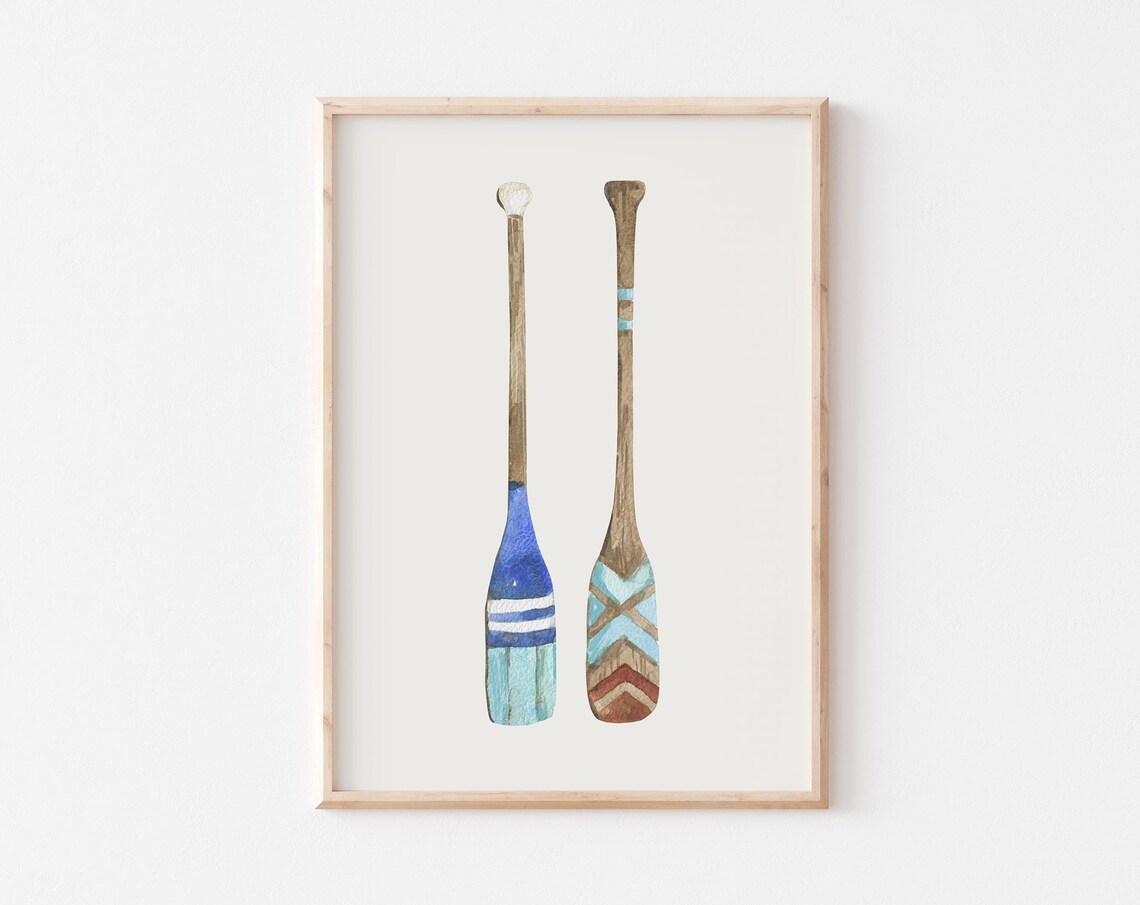 Two Painted Wooden Oars Blue Turquoise Watercolor Nautical Decor Poster