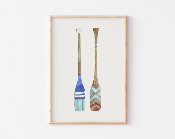 Two Painted Wooden Oars Blue Turquoise Watercolor Nautical Decor Poster