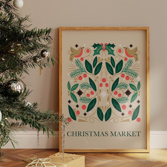 Christmas Market Nordic Folk Art Birds Holly Red Green Gold Poster