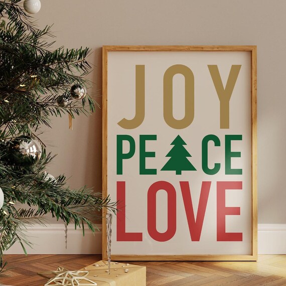 Joy Peace Love Christmas Tree Typography Gold Green Red Holiday Poster