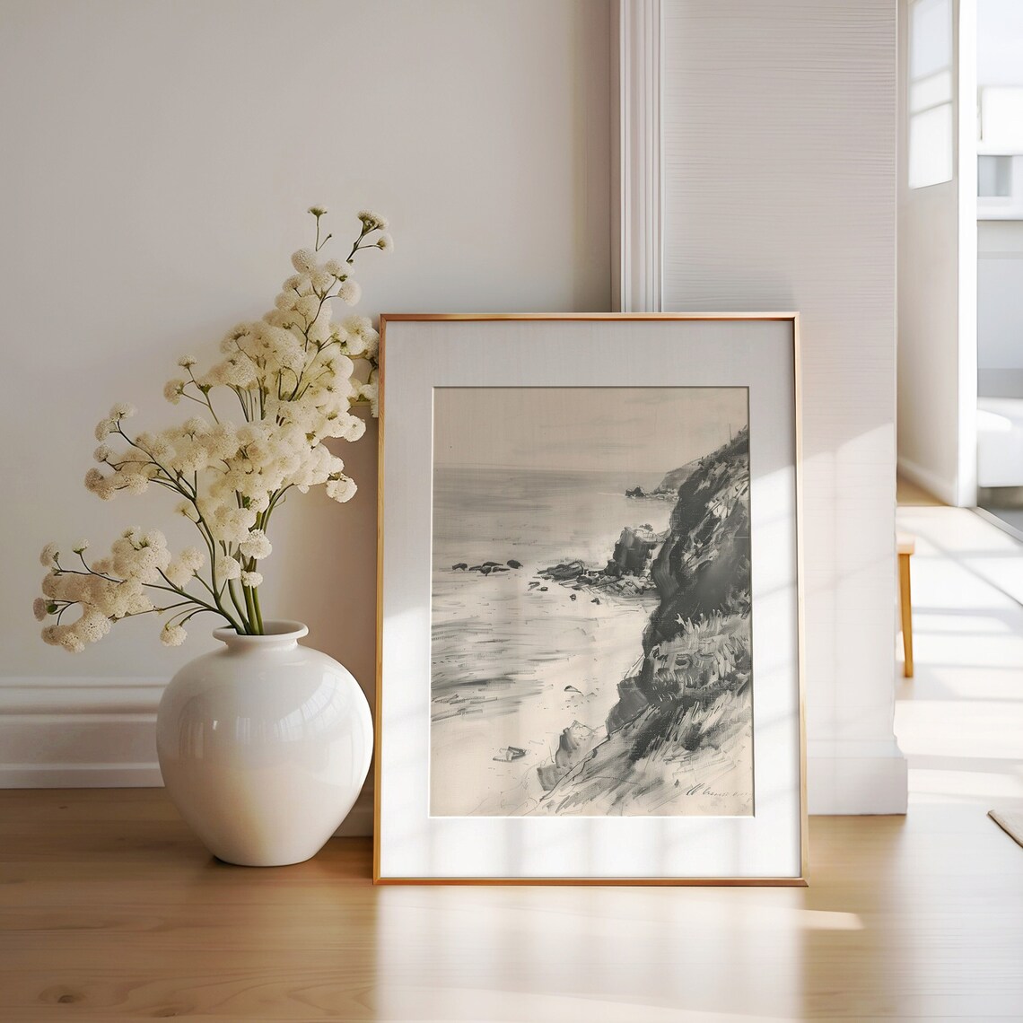 Vintage Coastal Landscape Art Print, Charcoal Sketch