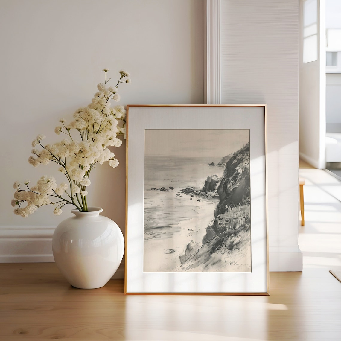 Vintage Coastal Landscape Charcoal Sketch Art Print - Image 3