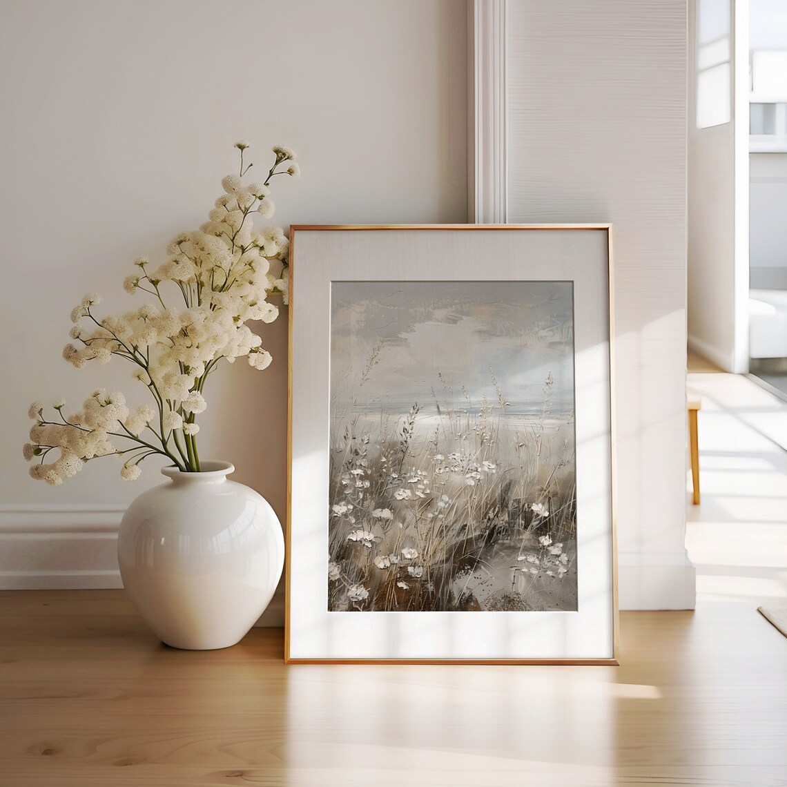 White Wildflower Meadow Impressionist Beige Floral Oil Painting Poster