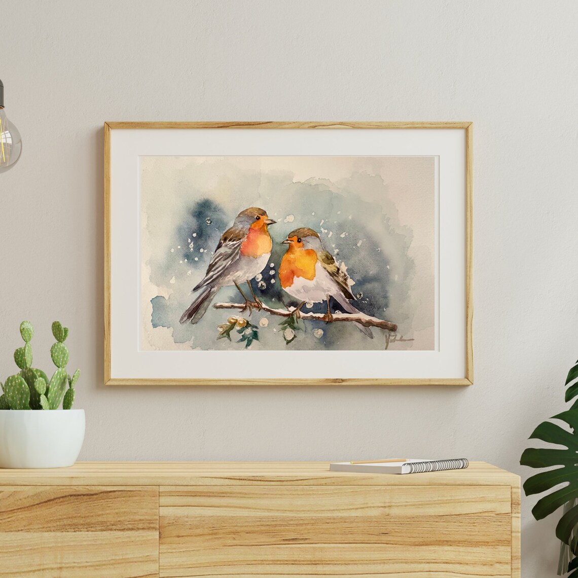 Pair of Robins in Winter Snow Watercolor Christmas Bird Poster - Image 3