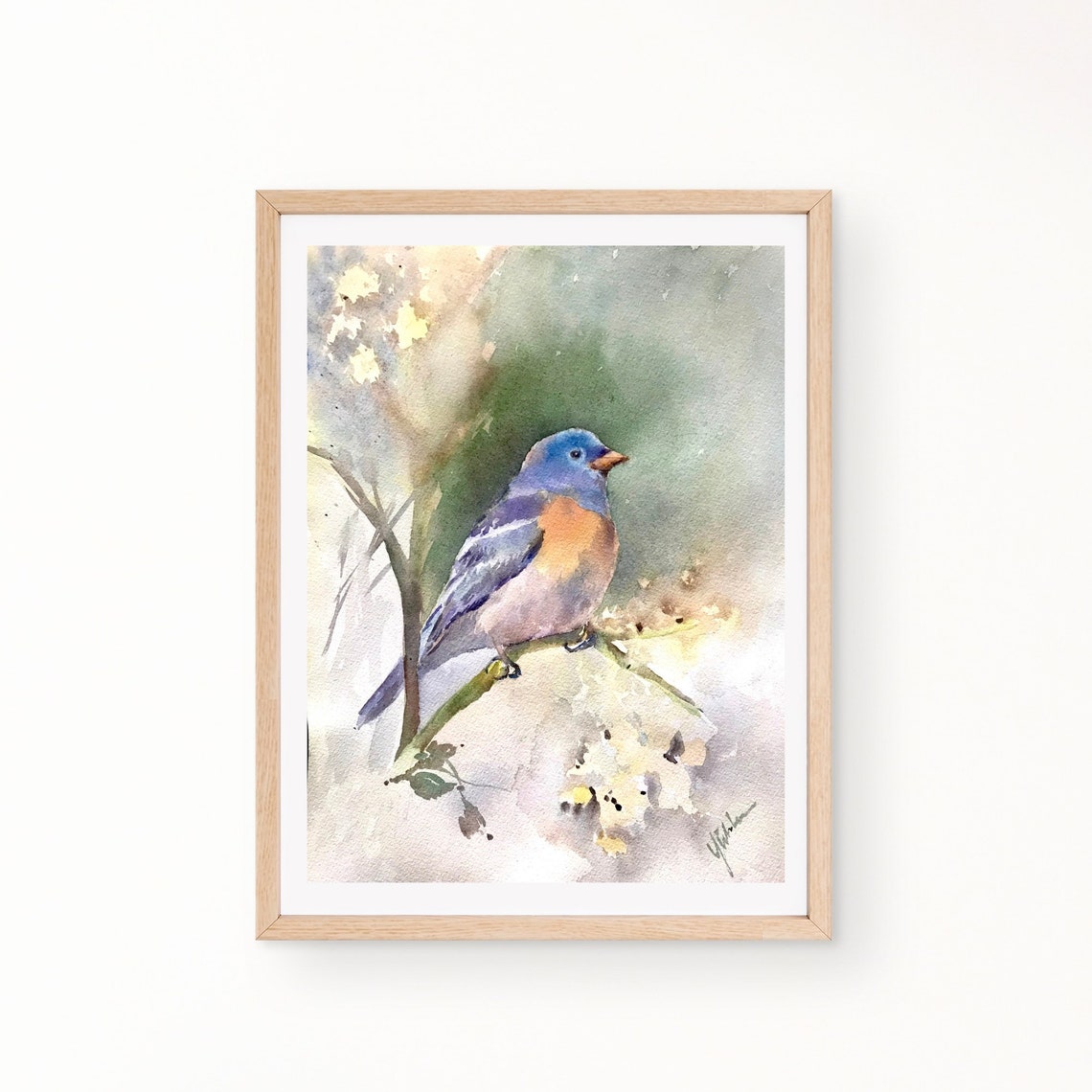 Blue and Orange Songbird Perched on Branch Watercolor Art Poster