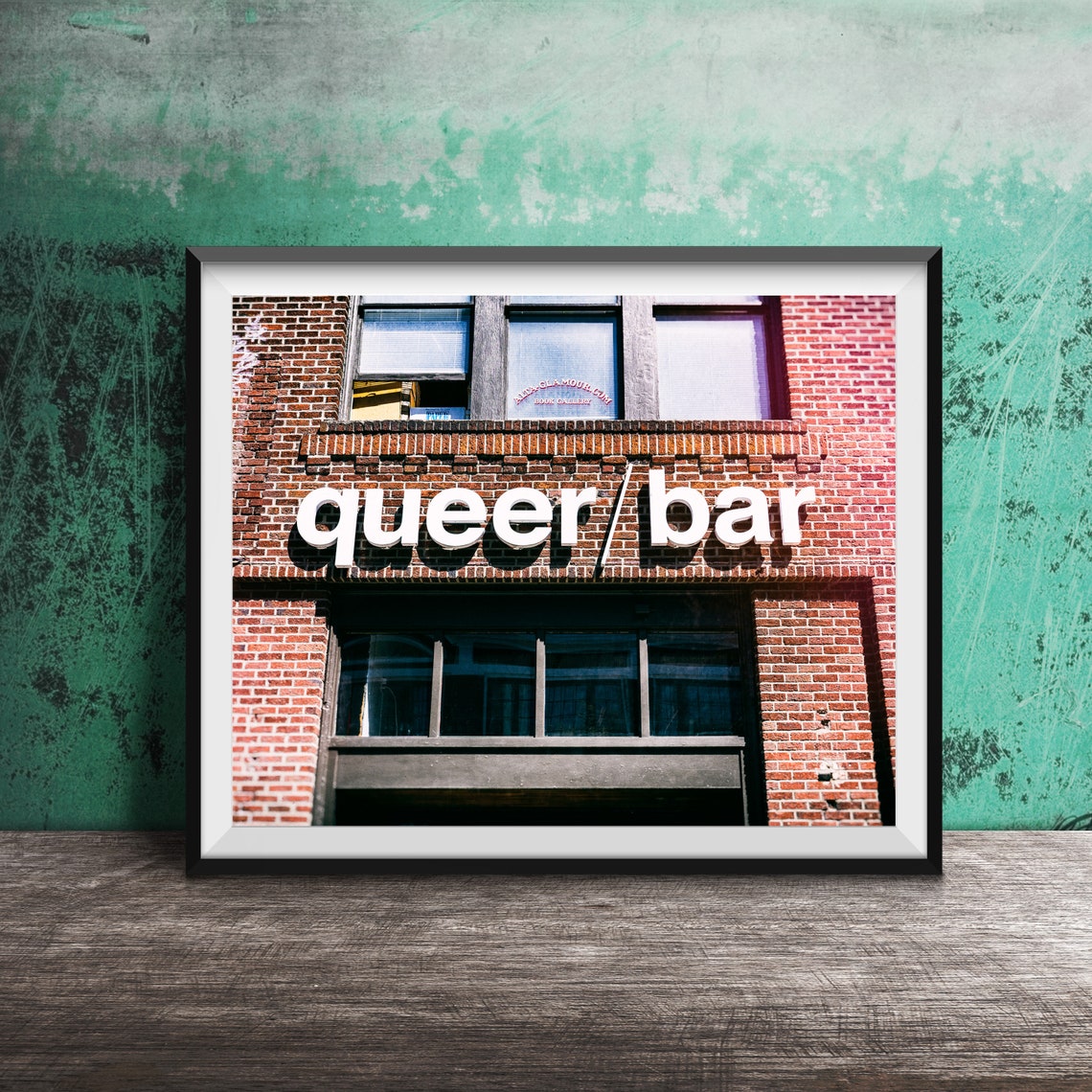 Queer Bar Bold White Letters on Red Brick Building Sign Poster