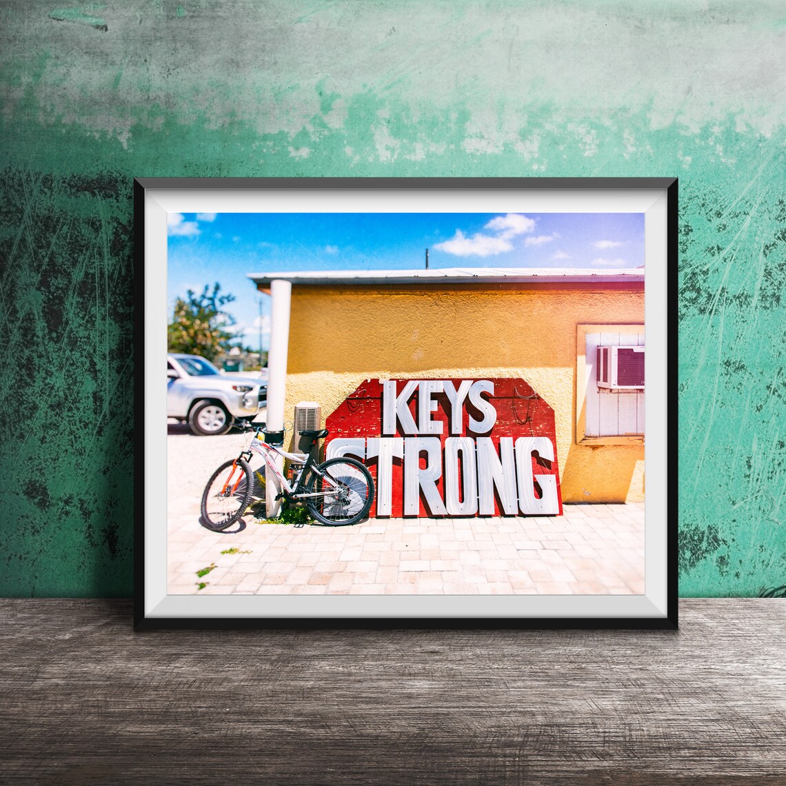 Keys Strong Red Letters on Yellow Building Street Photography Poster