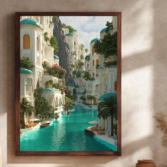 Fantasy Canal City Landscape Canvas Wall Art Elegant Architecture And Turquoise Water Scene Dreamlike Travel Print For Home Decor