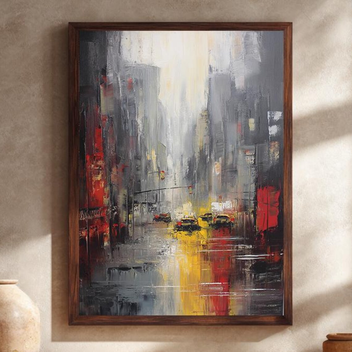 Rainy City Street Yellow Taxis Abstract Oil Painting Art Poster
