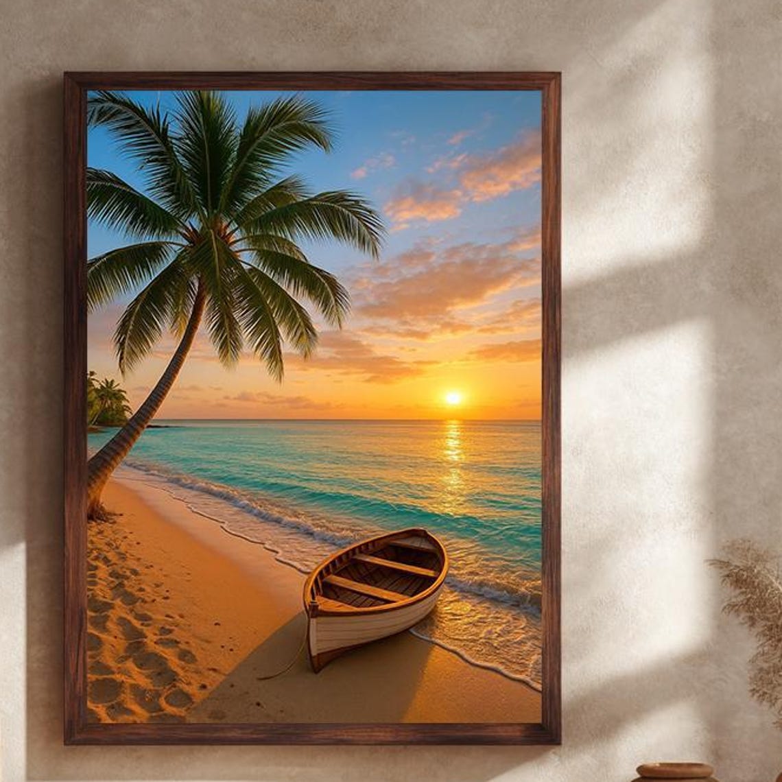 Tropical Beach Sunset Palm Rowboat Golden Sand Coastal Wall Poster